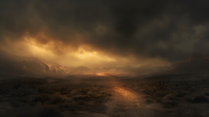 Fototapeta na wymiar Stormy sky over the desert landscape background, 