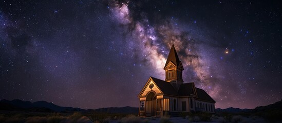 Galactic Communion: A Church Bathed in Starlight, Where Faith and Cosmos Converge - obrazy, fototapety, plakaty