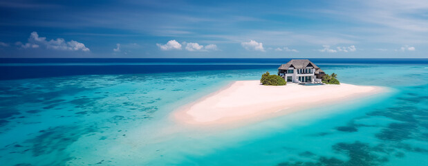 une villa construite sur un îlot de sable au milieu de l'océan - format bannière web - obrazy, fototapety, plakaty