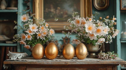 Vintage Easter Table Setting with Golden Eggs and Spring Flowers