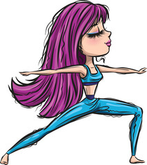 Pink yoga girl. Healthy life style. Yoga routine. Classic yoga asanas. Sport exercise in usual life. Cartoon style girls. Yoga for children