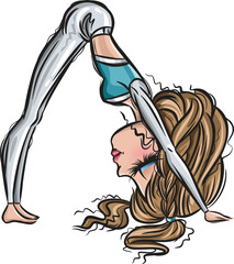 Brunette yoga girl. Healthy life style. Yoga routine. Classic yoga asanas. Sport exercise in usual life. Cartoon style girls. Yoga for children