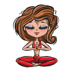 Cute yoga girl. Healthy life style. Yoga routine. Classic yoga asanas. Sport exercise in usual life. Cartoon style girls. Yoga for children