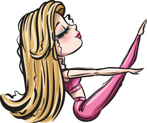 Blonde yoga girl. Healthy life style. Yoga routine. Classic yoga asanas. Sport exercise in usual life. Cartoon style girls. Yoga for children