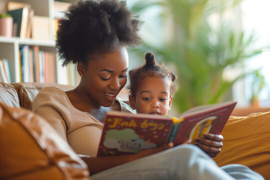 Tender moment as an african american mother reads a book with her child, bonding through learning and shared stories and concept of motherhood