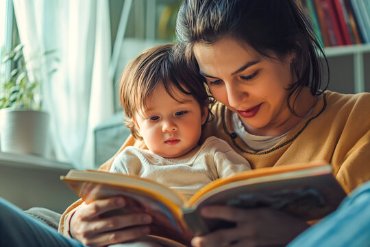 Tender moment as a mother reads a book with her child, bonding through learning and shared stories and concept of motherhood