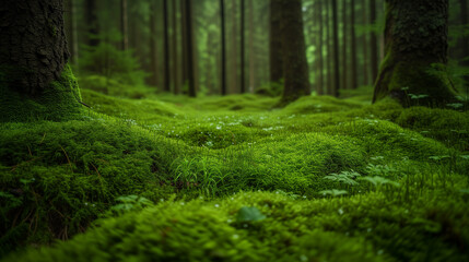 Obraz premium Moss-covered forest floor, vibrant green textures