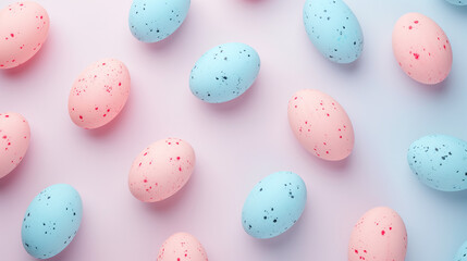Fototapeta na wymiar Minimalist Easter background, scattered eggs on a plain pastel surface