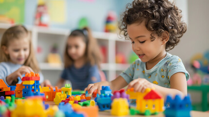 Fototapeta premium Diverse Children Playing Together with Blocks