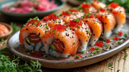 Assorted sushi nigiri and maki big set on slate. A variety of Japanese sushi with tuna and crab.