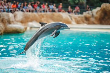 Naklejka premium Dolphin performing a jump in a show at a aqua park with an audience in the background