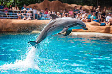Dolphin performing a jump in a show at a aqua park with an audience in the background