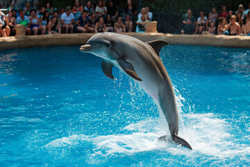 Dolphin performing a jump in a show at a aqua park with an audience in the background
