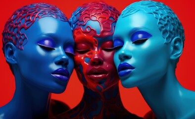 Vibrant image, few women artfully pose, their bodies immersed in vivid paint, creating a living canvas of expressive and colorful artistic beauty embodying an expressive and dynamic visual spectacle.