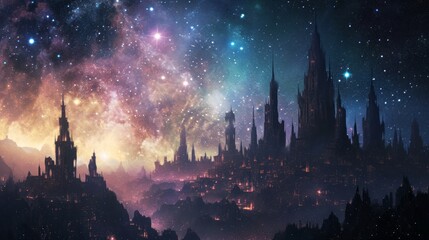 a castle in fairy tale era, with galaxy sky