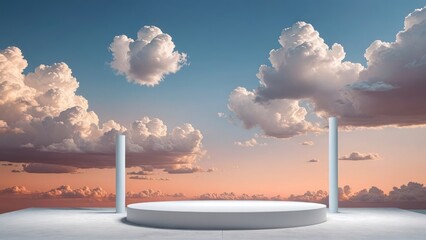 Romantic light pink clouds hover above a white platform on Peach Fuzz tiled flooring, in a 3D rendering of a sunny day on stage
