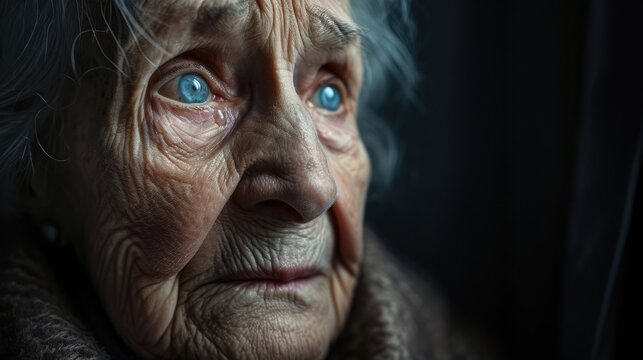 An elderly woman with tears in her eyes struggling to recognize her family members.