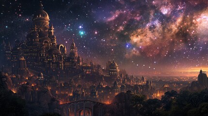 a castle in fairy tale era, with galaxy sky