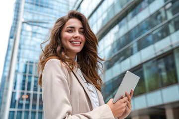 Fototapeta premium Proud caucasian businesswoman smiling and holding tablet, with office building in the background. Concept of business leadership and technology