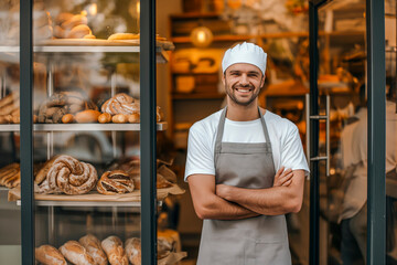 Portrait of a male baker standing confidently outside his urban bakery, embodying the spirit of small business success in the city