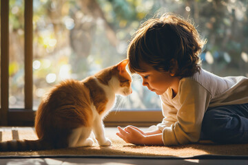 Young boy playing with a cat outdoors - obrazy, fototapety, plakaty