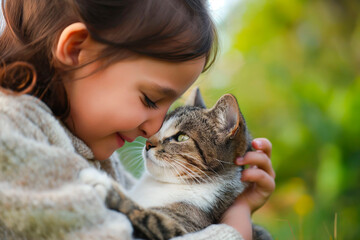 Young girl playing with a cat outdoors