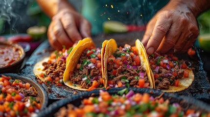 mexican street tacos flat lay composition with pork carnitas, avocado, onion, cilantro - obrazy, fototapety, plakaty