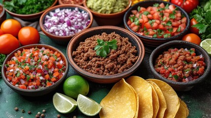 mexican street tacos flat lay composition with pork carnitas, avocado, onion, cilantro - obrazy, fototapety, plakaty