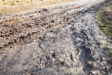 Muddy road, frozen mud, frost on the grass and sheets of ice in puddles. Pre-winter in Poland.