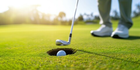 close up macro golf player putting golf ball into hole	 - Powered by Adobe