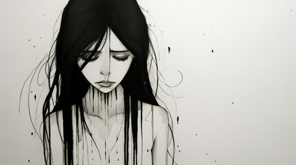Sad, beautiful girl with black hair, black and white watercolour