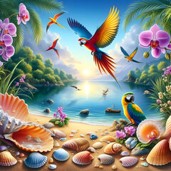 A lake, parrots, seashells and orchids - paradise!
