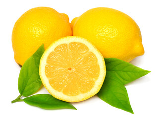 Collection lemon whole and slice with leaves isolated on white background