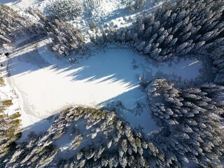 Aerial winter view on snowy icy white lake and pine forest in Low Tatras of Slovakia. Drone...