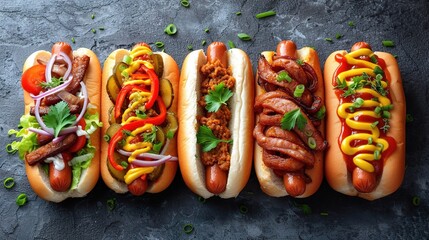 Hot dogs with a sausage on a fresh rolls garnished with mustard and ketchup
