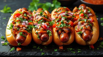 Hot dogs with a sausage on a fresh rolls garnished with mustard and ketchup