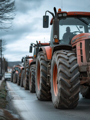 A line of tractors blocking the street. french farmers. Agricultural workers protesting against tax increases