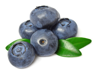 Blueberry macro with leaves isolated on white background