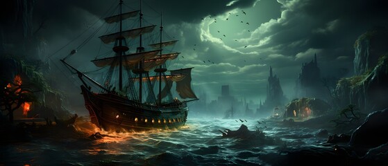 pirate ship in the dark - obrazy, fototapety, plakaty