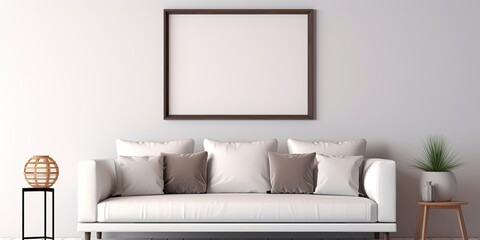 Fototapeta na wymiar Modern living room with a frame, sideboard, table, sofa, pillow, and accessories. Home decor template.