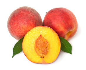 Collection peaches whole and slices with leaves isolated on white background