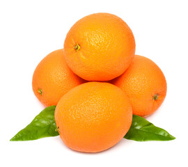 Group oranges fruit isolated on white background with leaves isolated on white background