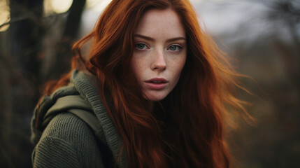 Fototapeta premium photo of a woman, desaturated and dark colors, dark red hair and green eyes, pale skin, outdoors, polaroid, style raw
