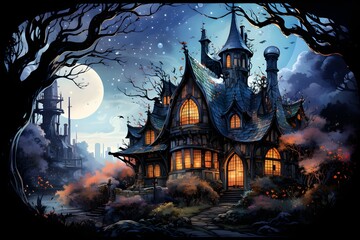 Fototapeta na wymiar witch house, celestial color in cartoon style, magical and mysterious art