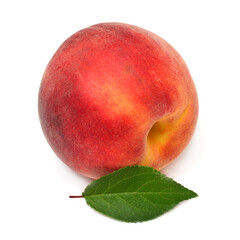 One peach with leaf isolated on white background
