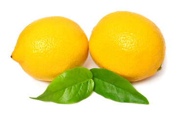 Two lemon with leaves isolated on white background