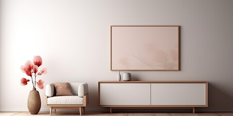 Minimalist aesthetic living room interior with poster frame, modular sofa, sideboard, vase with dried flowers, and personal accessories.
