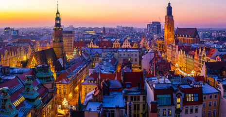View of Wroclaw market square after sunset, Poland - obrazy, fototapety, plakaty