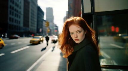 wide angle lens, photo of a woman, dark red hair and green eyes, pale skin, in new york city, natural lighting, kodak portra 160 - obrazy, fototapety, plakaty