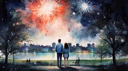 Fototapeta na wymiar silhouette of romantic couple of man and woman watching fireworks at holiday celebration, dating people looking up at fire works at night, love and valentines concept